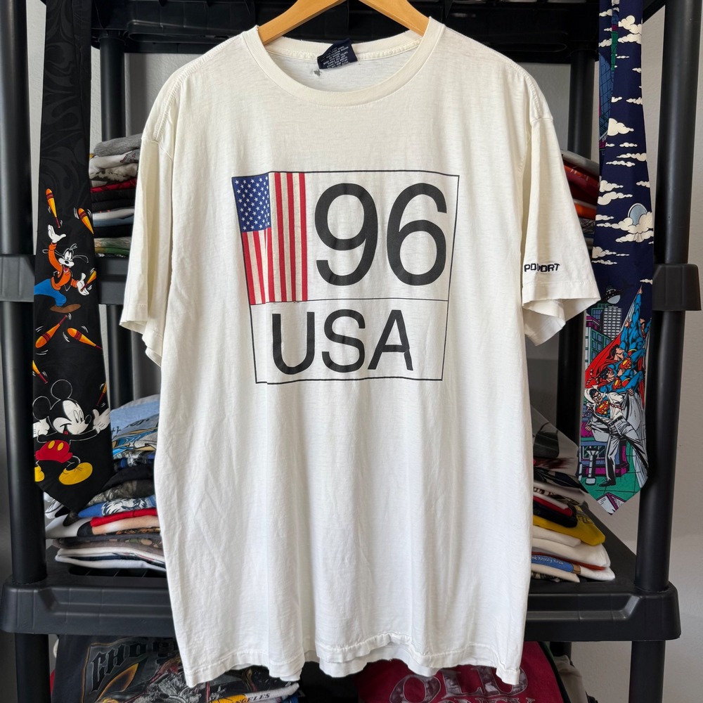 Vintage White Polo Sport Ralph Lauren 96 USA Graphic T-Shirt Large Light Marks